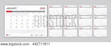 Calendar Template For 2026 With Week Start On Sunday.desk Calendar 2026 Template, Planner Simple, Wa