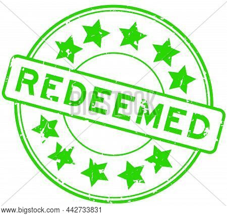 Grunge Green Redeemed Word With Star Icon Round Rubber Seal Stamp On White Background