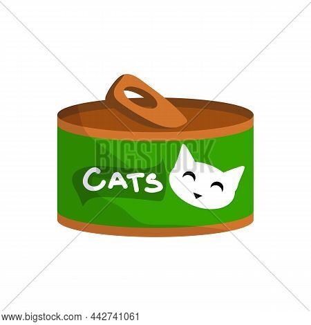 Cat Food Tin With Smile Cat. Feed For Domestic Animals. Can With Green Label. Kittens Conserved Meal