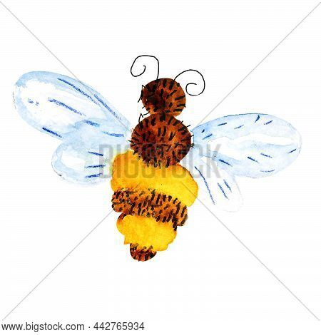 Watercolor Illustration Of A Yellow Bee With Blue Wings
