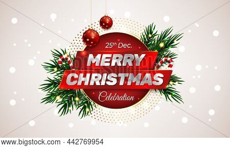Merry Christmas Celebration Typographic Design Template, Background Banner With Red Frame Fir Branch