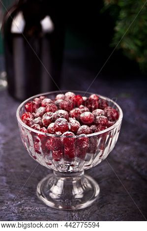 Poudered Sugar Cranberries On Transparent Bowl For Cocktail Or Drinks. Christmas And New Year Celebr