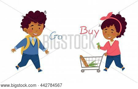 Go And Buy English Action Verbs For Kids Education Set. Children Doing Daily Routine Activities Vect