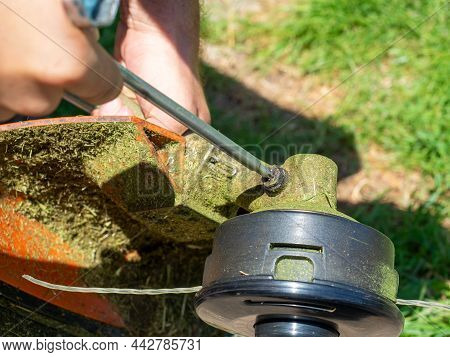 Close-up Of Unscrewing The Screw On The Trimmer Gearbox For Mowing Grass With A Special Key. Equipme