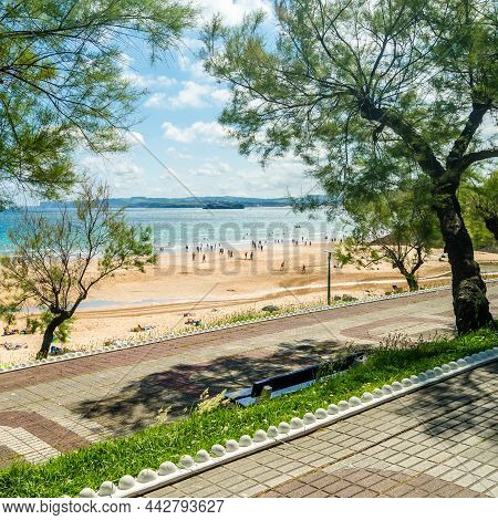 Santander, Spain - July 9, 2021: Sardinero Beach In Santander, Seen From A Park