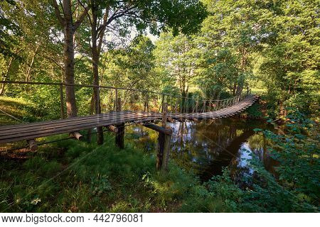 Wooden Suspended Bridge. Pedestrian Hanging Bridge Over Naroch River In Paromets Village, Belarus.