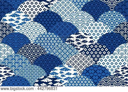 Chinese Traditional Oriental Ornament, White And Blue Background. Vector Illustration. Geometric Fas