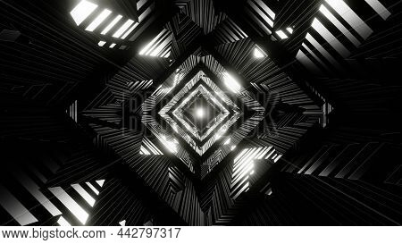 3d Render. Abstract Interior Sci-fi Spaceship Corridor With Grey Neon Glowing Tube Lights Reflection