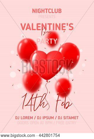 Happy Valentine's Day Party Poster. Vector Illustration With Red Balloons And Confetti. Holiday Deco