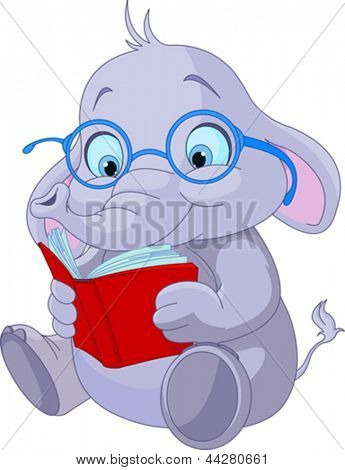 Éléphant avec des lunettes de lecture d'un livre.