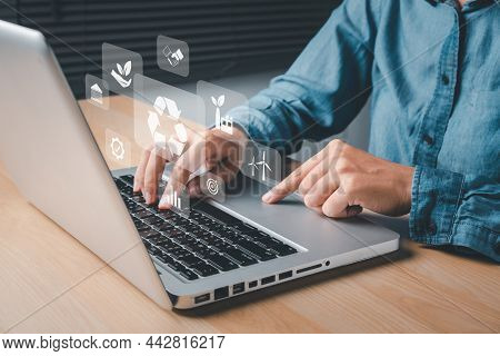 Esg Environment Social Governance Investment Business Concept, Businesswoman Hand Using Laptop With 
