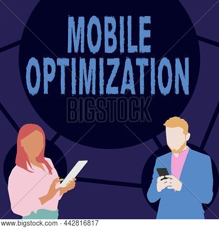 Conceptual Caption Mobile Optimization. Word Written On Site Content Reformatted For Handheld Or Tab