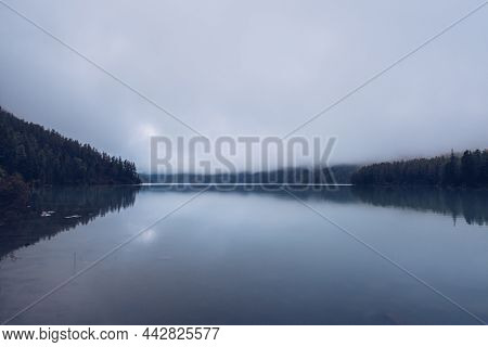 Morning View Foggy Kucherla Mountain Lake. Belukha National Park, Altai, Siberia, Russia