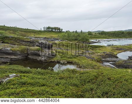 Blue Glacial Arasjahka River Rapids With Boulders And Stones In Lapland Landscape With Green Mountai