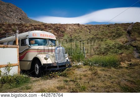 El Chalten, Santa Cruz, Argentina - March, 2020: Old 1940s Mercedes Benz Bus With La Marraqueta Insc