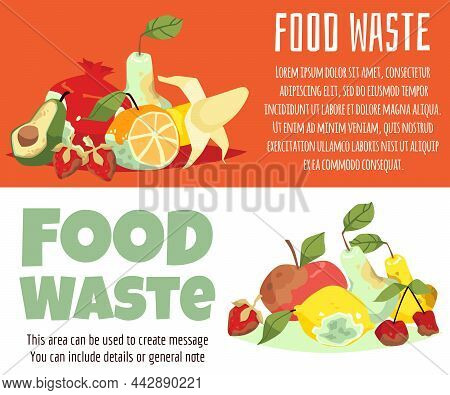 Rotten Fruits Horizontal Banner. Food Waste Vector Concept. Mold On Apple, Banana, Avocado, Strawber