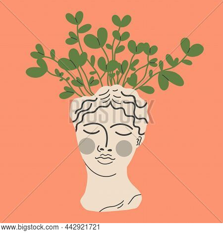 Planters In The Greek Style. The Head Of A Goddess With A Green Plant. Flat Design, Hand-drawn Carto