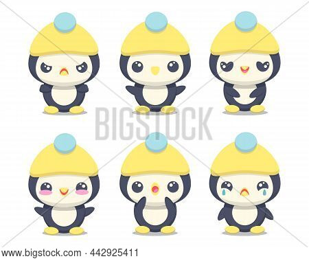 Set Cute Cartoon Penguin With Different Emotions