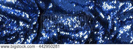 Banner Made Of Blue Sequins - Abstract Festive Background For Holiday And Party Celebration. Glamour
