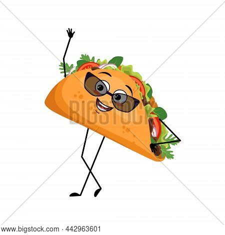 Cute Character Mexican Taco With Happy Emotions, Face, Smile, Eyes, Arms And Legs. Cheerful Fast Foo