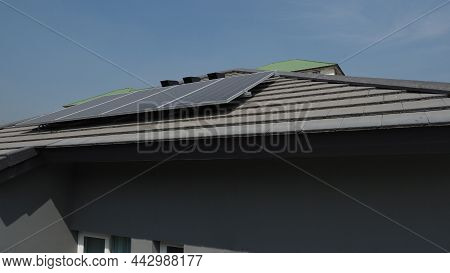 Photovoltaic. Solarcell Panel. Solar Roof Power Plant On The Roof
