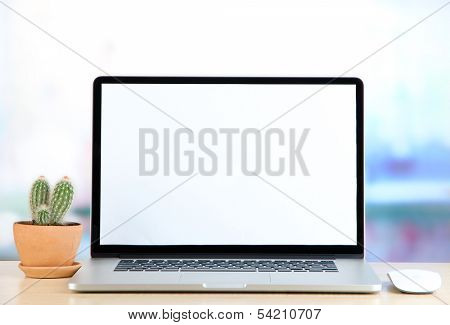 Laptop and cactus in flowerpot on wooden table