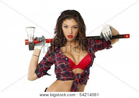 Sexy brunette with an ax in his hand, isolated on white background