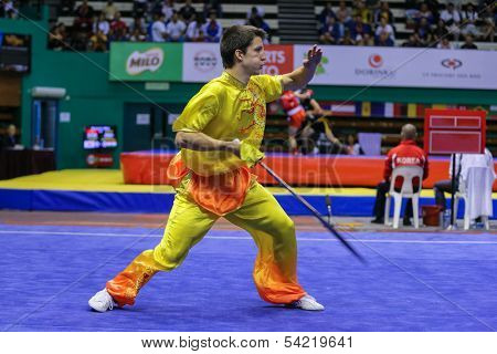 KUALA LUMPUR - NOV 03: Switzerland's Roth Pachlatko performs with a sword in the Men's 'Daoshu' Event at the 12th World Wushu Championship on November 03, 2013 in Kuala Lumpur, Malaysia.