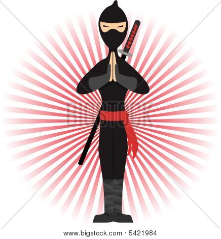 Ninja in piedi In posa accentuata da raggi rossi