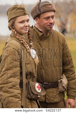 DNIPRODZERZHYNSK, UKRAINE - OCTOBER 26 :  Member of Historical reenactment in Soviet Army uniform af