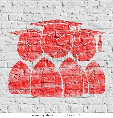 Red Group of Graduates Icon on White Brick Wall.