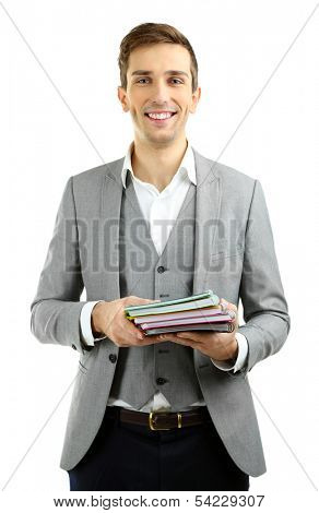 Young teacher review tests isolated on white