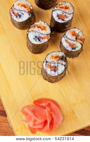 Japanese cuisine - sushi rolls with tobico and pancake