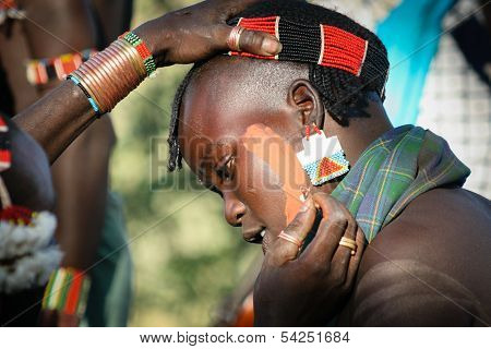 Boys Wear Makeup For The Bull Jumping Ceremony, Ethiopia