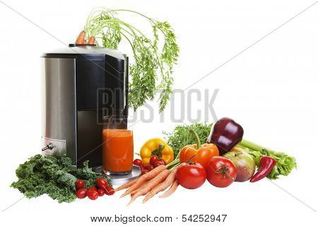 A Juicer surrounded by healthy vegetables and fruit, isolated on white.                   