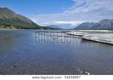 Sunny Landscape Of The River In Mountains.