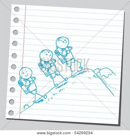 Schoolkids walking over hill