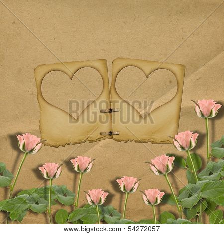 Greeting Card To St. Valentine's Day With Roses And Slides In The Form Of Hearts