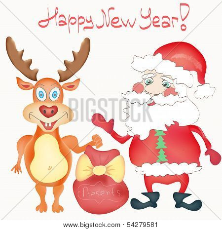 Happy New Year Holiday Greeting Card With Deer And Santa Claus Cartoon Characters With Presents Bag