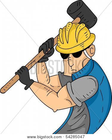Illustration of a Muscular Construction Worker Swinging a Sledgehammer