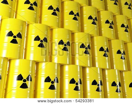 background of 3d yellow barel and radioactive sign