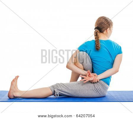 Yoga - young beautiful slender woman yoga instructor doing Forward Bends Sage Twist C pose (Marichyasana C) asana exercise isolated on white background
