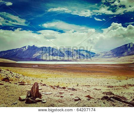 Vintage retro effect filtered hipster style travel image of Himalayan lake Kyagar Tso, Ladakh, India