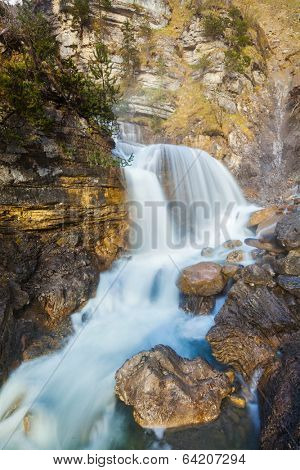 Cascade of Kuhfluchtwasserfall. Long exposure for motion blur. Farchant, Garmisch-Partenkirchen, Bavaria, Germany