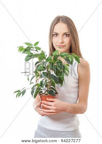 young woman holding a houseplant, isolated on white background