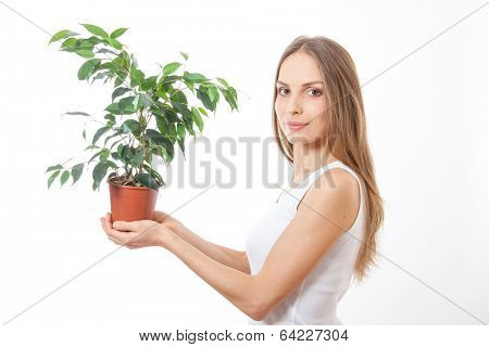 young woman holding a houseplant, isolated on white background