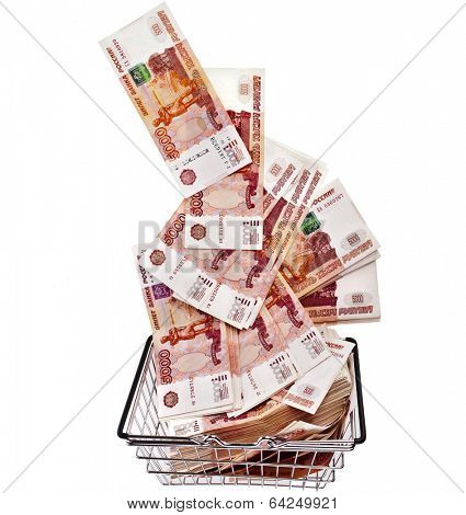 Million Banknotes Rubles of the Russian Federation falling in your shopping basket cart - isolated on white background