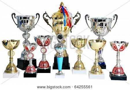 Several Gold And Silver Prize Cup, Trophy, On White Background