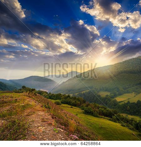 Cold Fog In Mountains At Sunset
