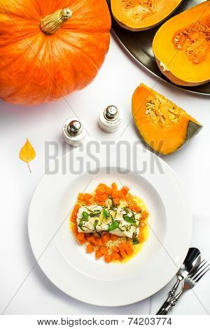 Seafood With Pumpkin Garnish. White Diet  Fish With Pumpkin And Vegetables. Studio Shot.